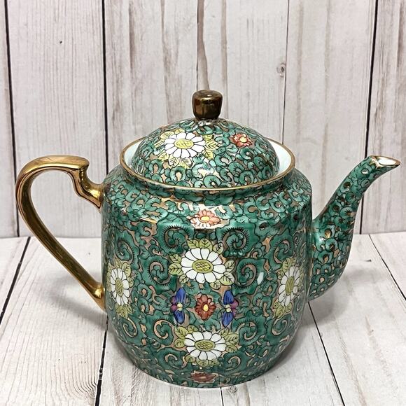 Vintage A.C.F. Mid Century Japanese Porcelain Tea Set Green Floral Gold Enamel - Picture 5 of 16